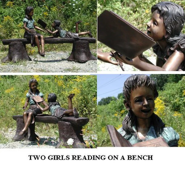 Two Girls Reading On A Bench Bronze