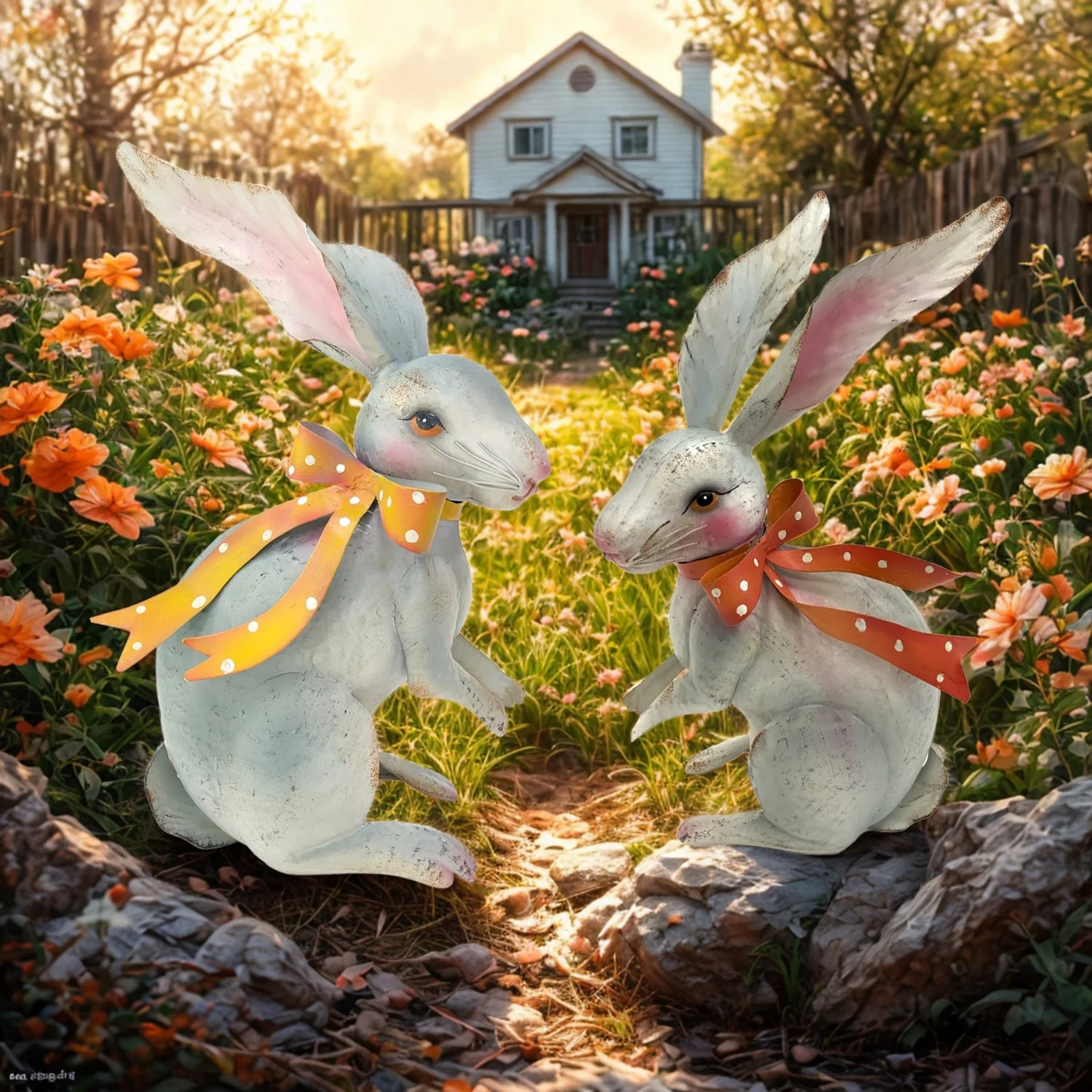 Vintage Rabbit Sculpture Pair – Metal Garden Bunnies