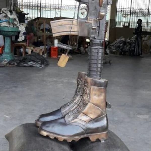 War Memorial Battle Cross Boots Gun Sandbags Bronze Statue - Image 2