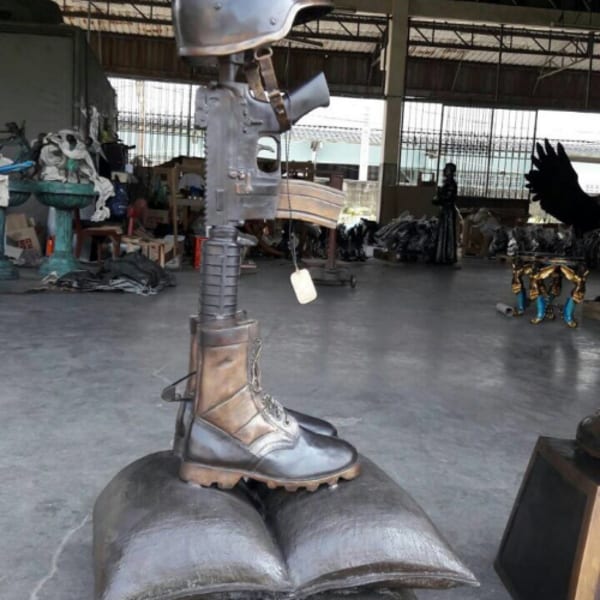 War Memorial Battle Cross Boots Gun Sandbags Bronze Statue - Image 4