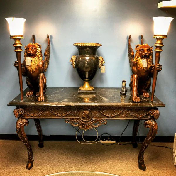 Winged Lion Torchiere Set Bronze Statues - Image 2