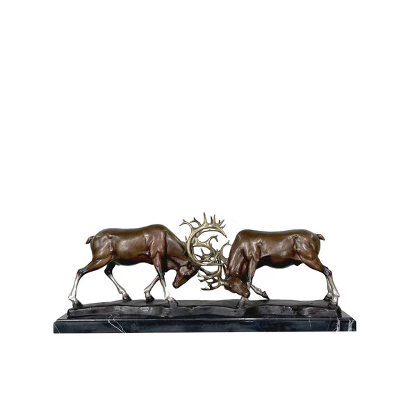 Wrangling Deer Bronze Statue on Marble Base