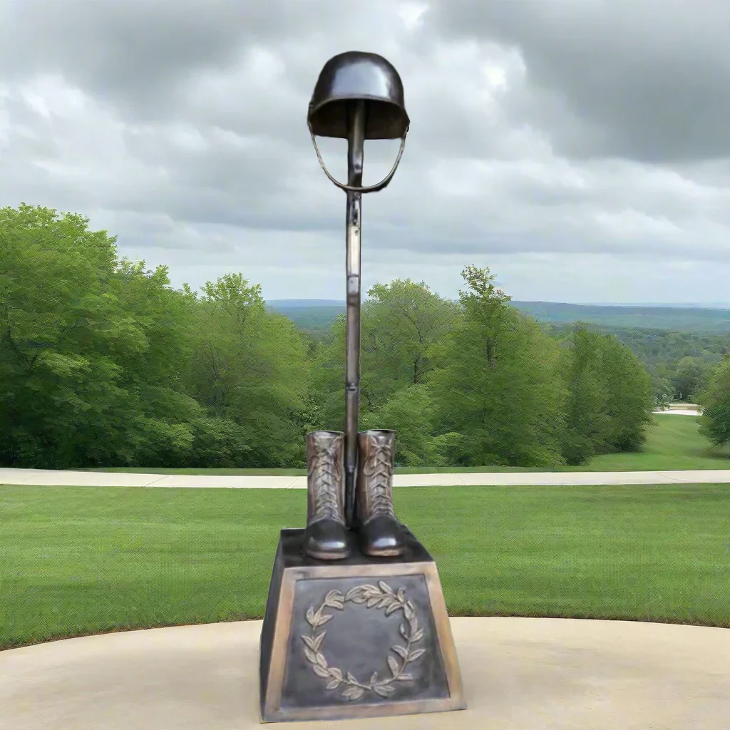 WW II War Memorial Battle Cross Boots & Gun on Pedestal