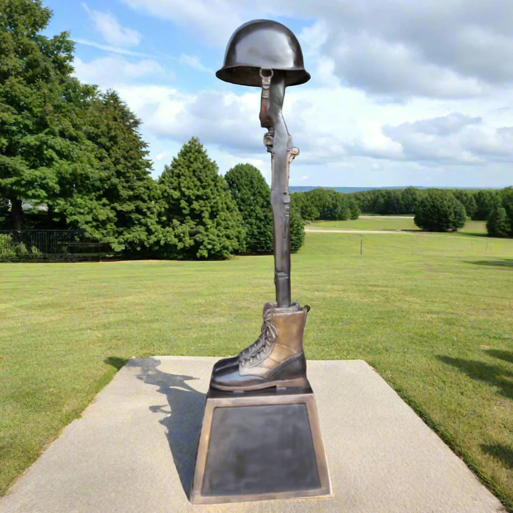 WW II War Memorial Battle Cross Boots & Gun on Pedestal - Image 4
